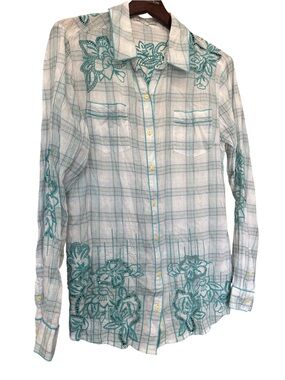 Button-Down Plaid Shirt with Teal Floral Embroidery